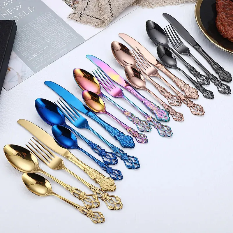 Conjunto de talheres de aço inoxidável dourado, colher, garfo e faca de bife europeus, retrô, oco, louça, talheres_voghion.com