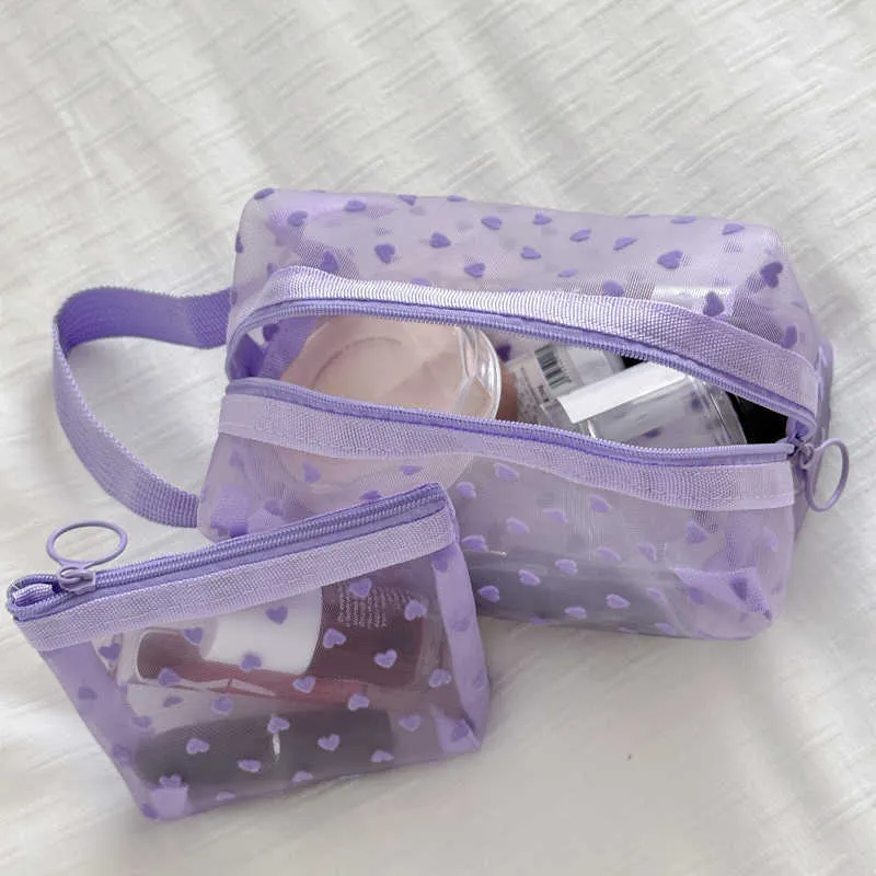 Organizator de machiaj portabil, transparent, din plasă imprimată în formă de inimă violetă, pentru călătorie, pentru depozitarea toaletei, geantă de hârtie, portofel Y241023_voghion.com