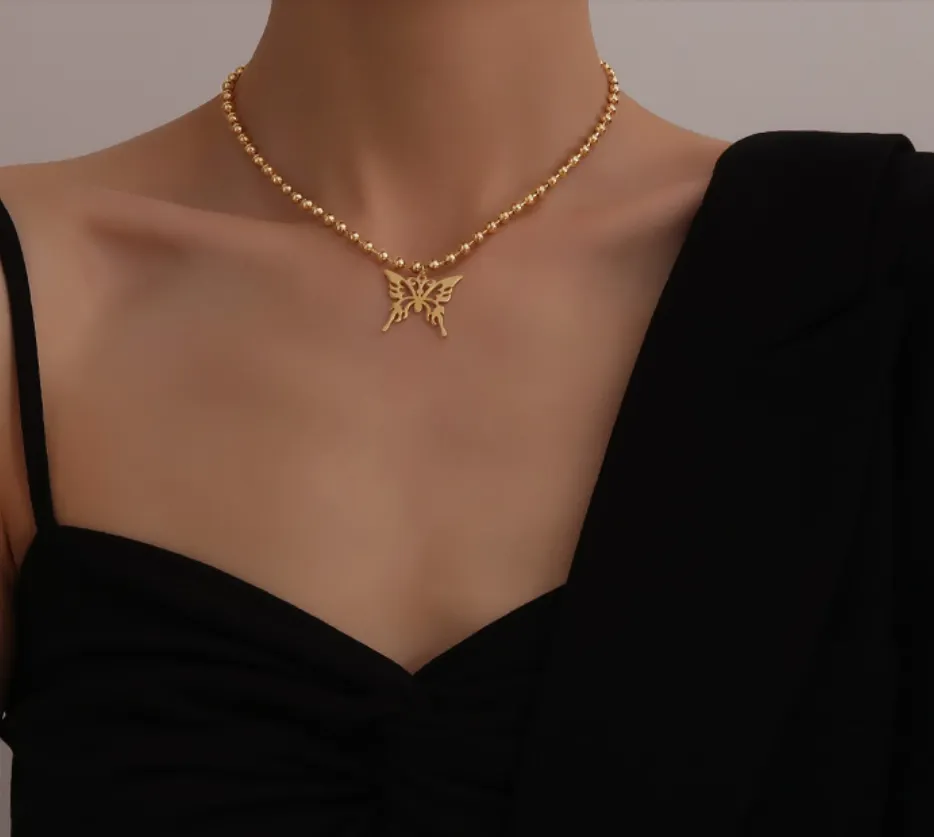 Ketten Einfache Aushöhlen Schmetterling Anhänger Runde Perlenkette Titan Stahl Halskette Für Frauen Modeschmuck_voghion.com