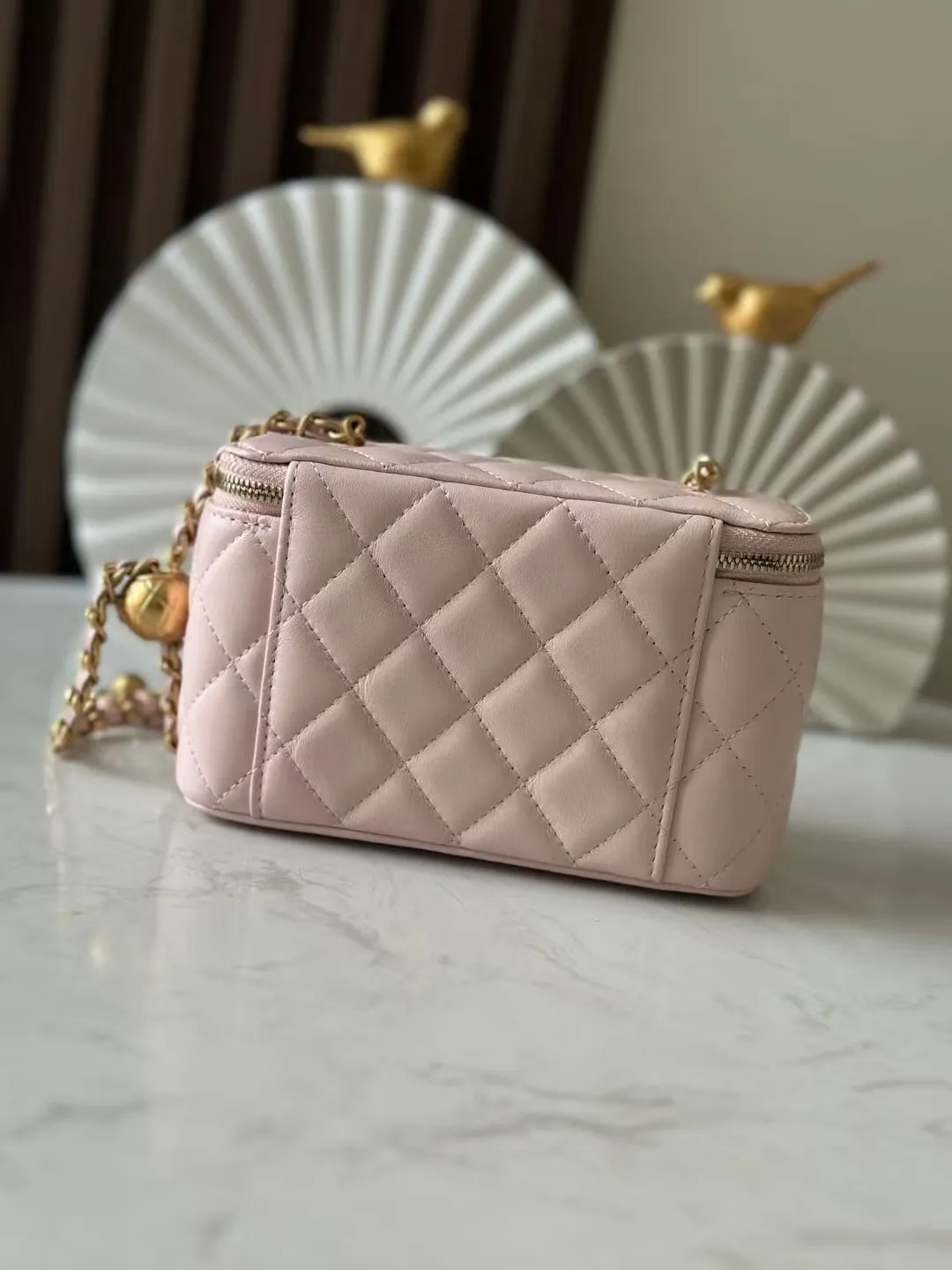 Borse a mano classiche in vera pelle con motivo a scatola per il trucco rosa di alta qualità, con finiture color oro e doppia cerniera, con catena a sfera._voghion.com