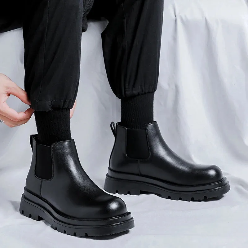 Men's Platform Chelsea Boots Leather High Top Elevator Shoes_voghion.com