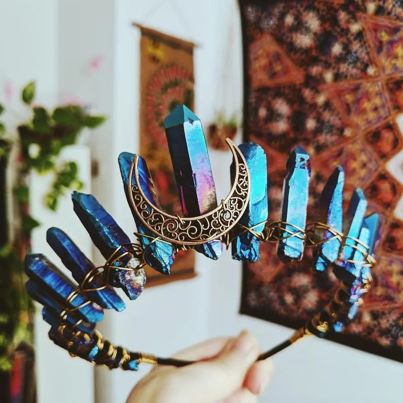 Wedding Real Crystal Quartz Druzy Crown Gothic Moon Raw Stone Wand Hairpin Tiara Witchcraft Comb Hair Woman Wed_voghion.com