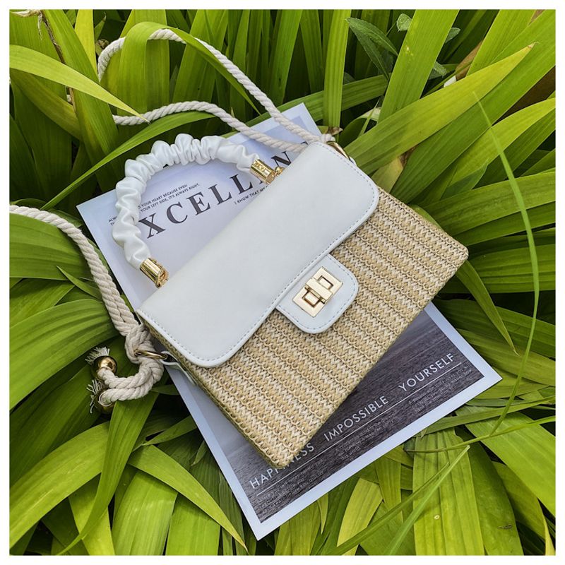 Geantă de mână pentru femei, geantă de umăr din paie, simplă, țesută, crossbody, culoare contrastantă, tip cutie, model la modă_voghion.com