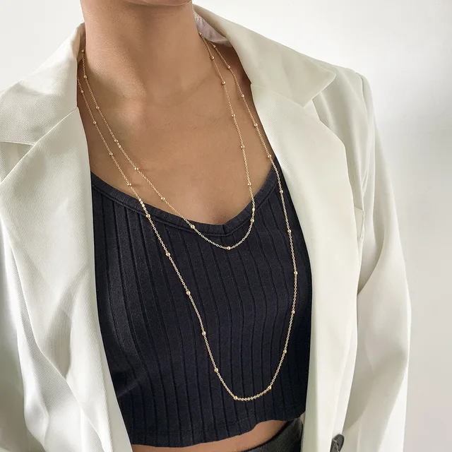 Collana con colletto lungo in maglia vintage con perline da donna 2024, multistrato, semplice, in metallo color oro, alla moda, per ragazze_voghion.com