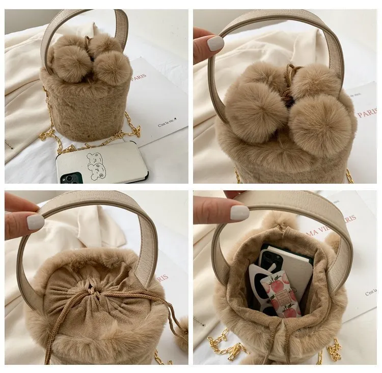 Sac à main en peluche avec cordon de serrage et boule de laine antivol, sac à bandoulière à une épaule, sac seau à la mode pour femmes 240820_voghion.com