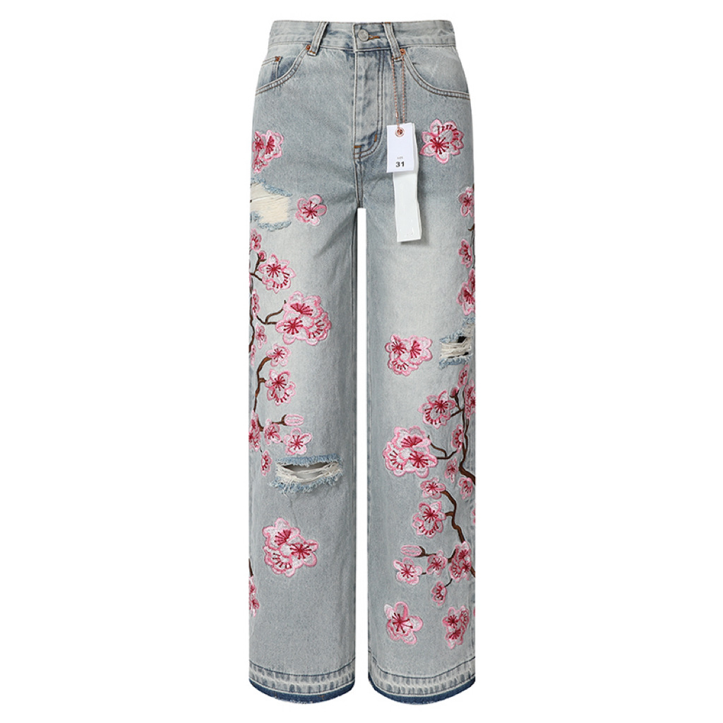 Vêtements pour hommes broderie de fleurs de pêcher à la mode décontracté simple ample jambe large jeans décontractés pour hommes
