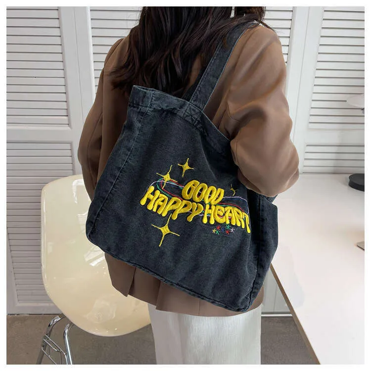 New Large Capacity Cowboy Shoulder Student's Canvas Schoolbag Women's Shopping Bag Street Dressing_voghion.com
