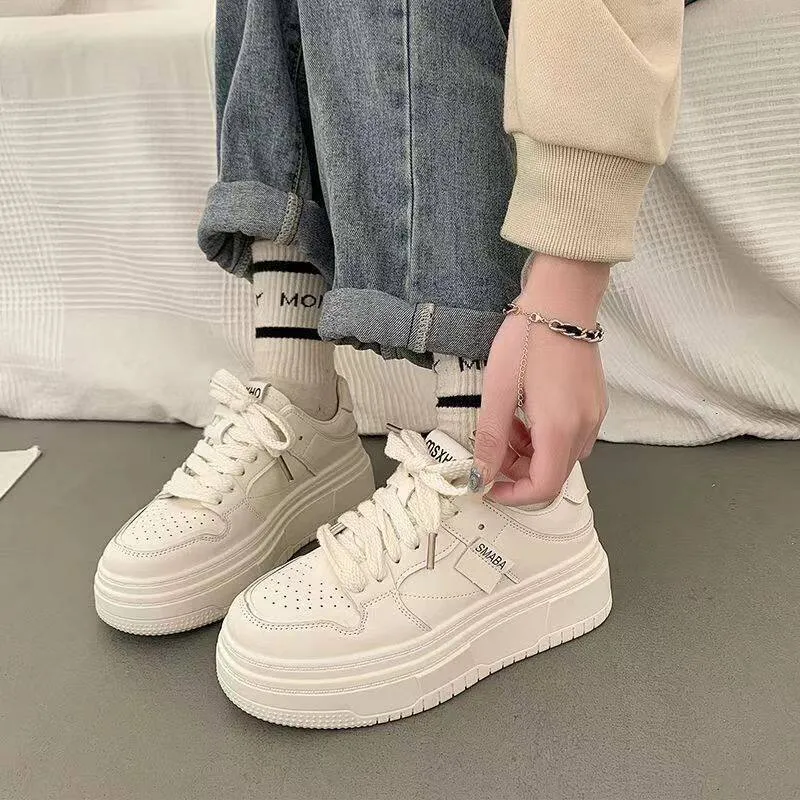 Zapatos blancos de suela gruesa para mujer, 2024, versátiles, de tiro alto, informales, para estudiantes, LHShoe_voghion.com
