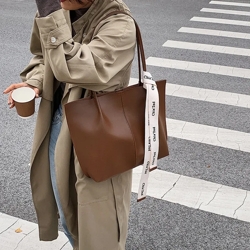 Borsa da ufficio da donna, uso quotidiano, bellezza, marrone, nera, moda, con nastro, a tracolla, per pendolari, grande capacità, a mano, retrò._voghion.com