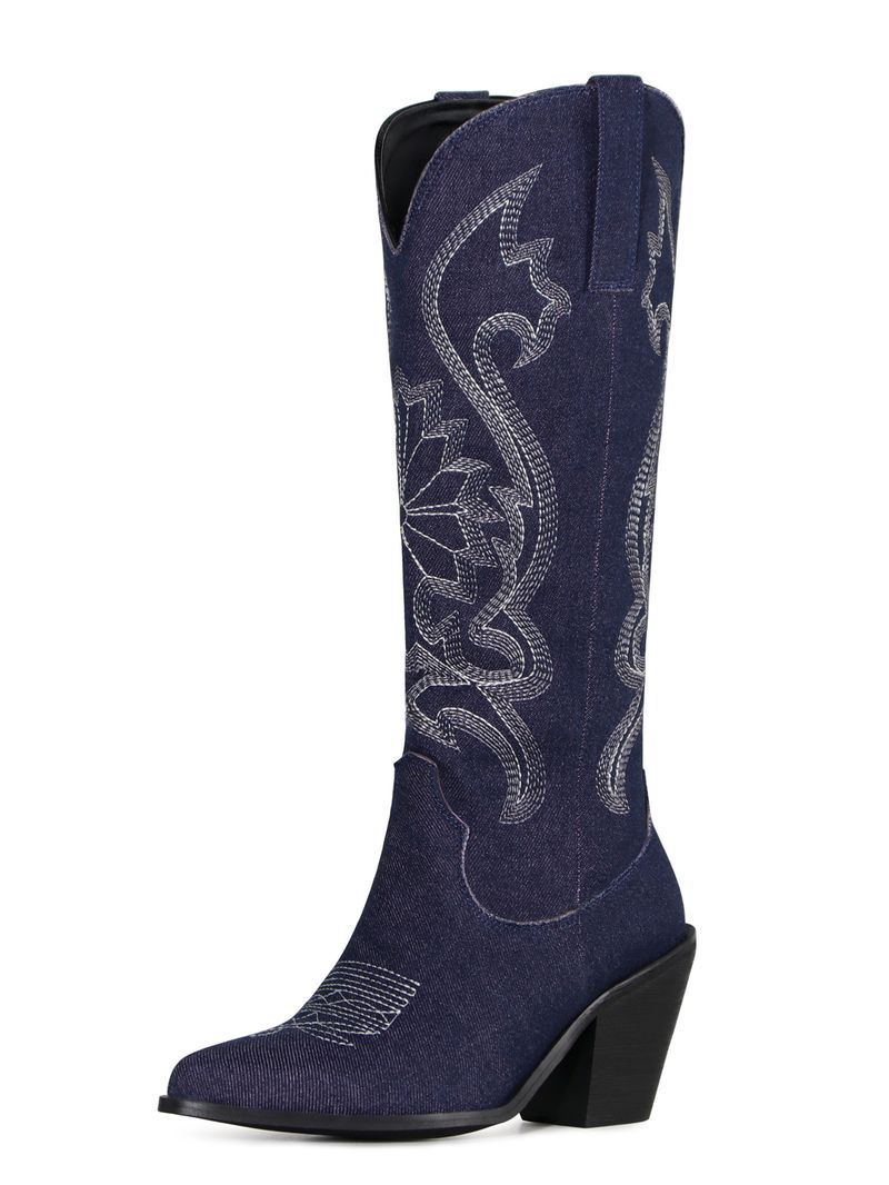 Spitzer Westernstiefel aus Wildleder-Denim mit Stickereien und klobigem, mittelhohem Absatz_voghion.com