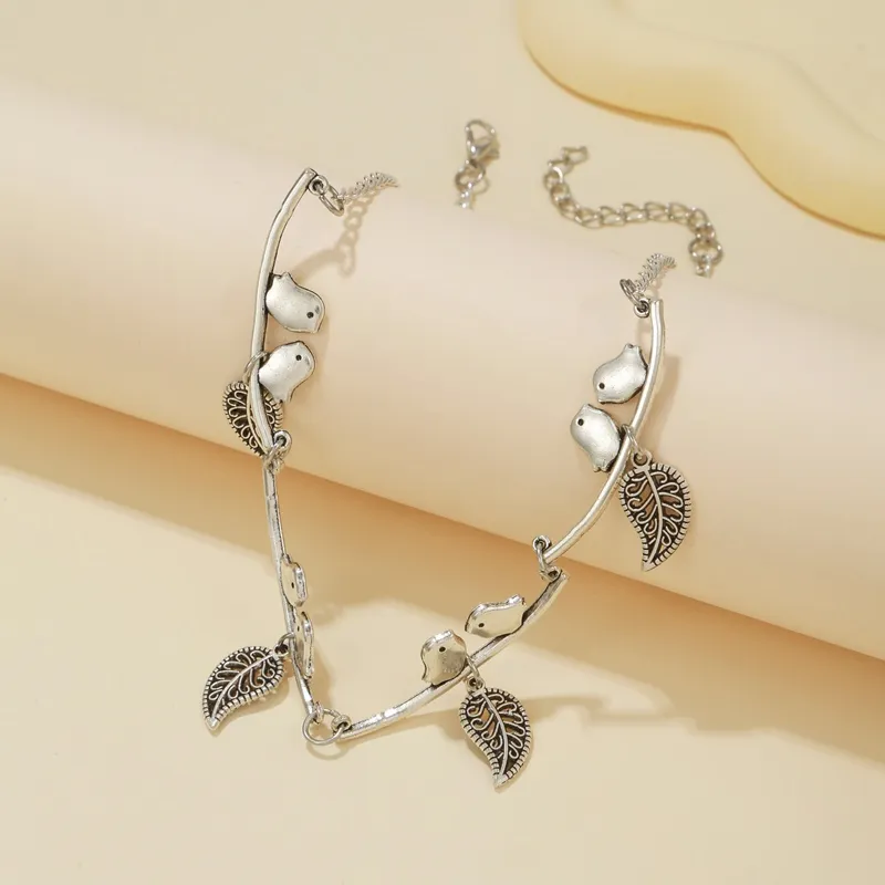 Halsketten mit Anhänger, Vintage-Stil, Blatt und Vögel, Anhänger für Frauen, Statement-Halskette, Kragenschmuck_voghion.com