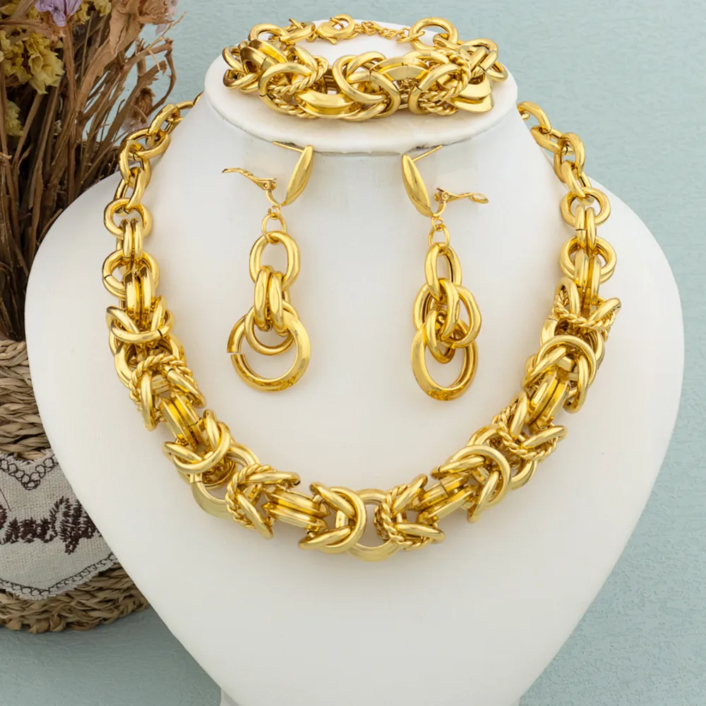 Hochzeitssets Dubai Set für Frauen Mode Gold Farbe Runde Halskette Collor Ohrringe Armband Ring Schmuck Braut Hochzeiten_voghion.com