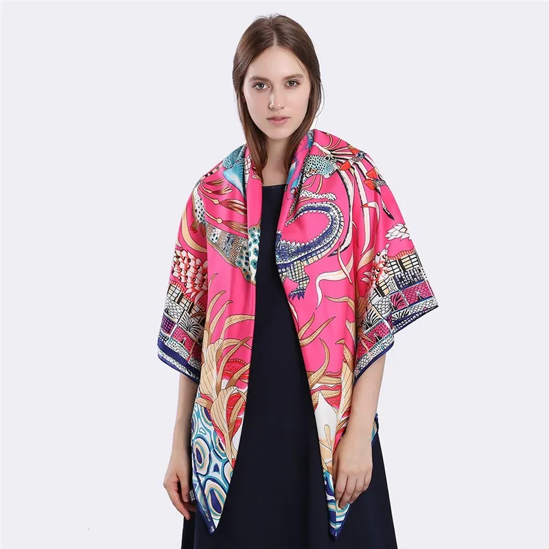 Twill Silk Scarf Indian Feather Print Square Head Wrap Hijab_voghion.com