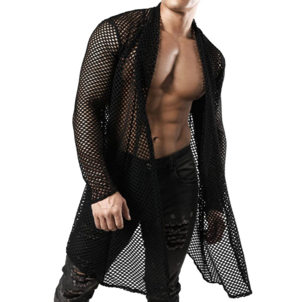 Herren-Übergröße, Schalkragen, Cut-Out, lange Strickjacke, Netzstoff, durchsichtig, Langarmshirt_voghion.com