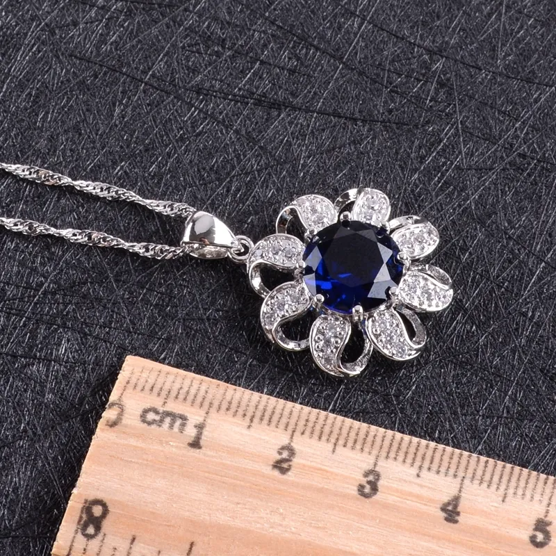 Mavi Zirkon Kostüm Sier Takı Setleri Kadın Küpe Taşlı Bilezikler Kolye ve Kolye Yüzük Seti Takı Hediye Kutusu_voghion.com