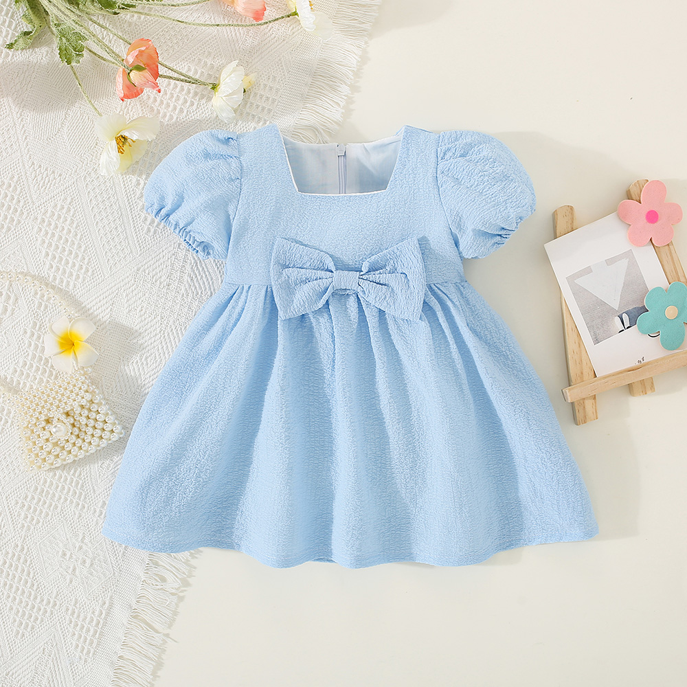 Vestido de verano de manga corta para niña, color liso, con mangas abullonadas y lazo, ropa cómoda para niños_voghion.com