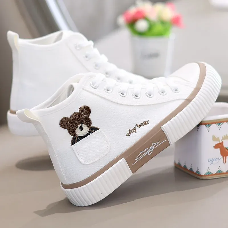 Comemore High-Top Canvas Frau Vulkanisierte Schuhe Wohnungen Casual Espadrilles Für Frauen Frühling Dame Schwarz Weiß Bär Lace Up_voghion.com