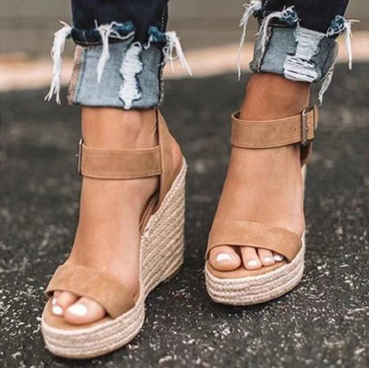 Women's wedge-grass woven hemp rope one-line sandals_voghion.com