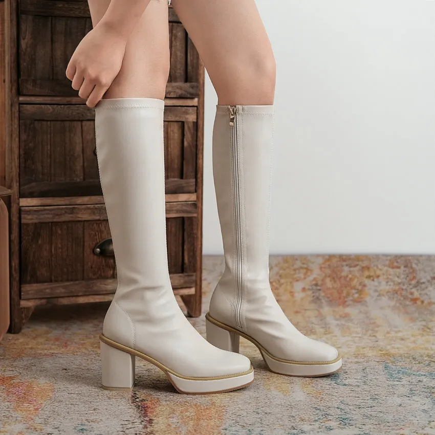 Knee Boots Heel Women's Square Below 2024 Winter Solid Color Fashion Warm Women Shoes Comfortable With Side Z 55_voghion.com