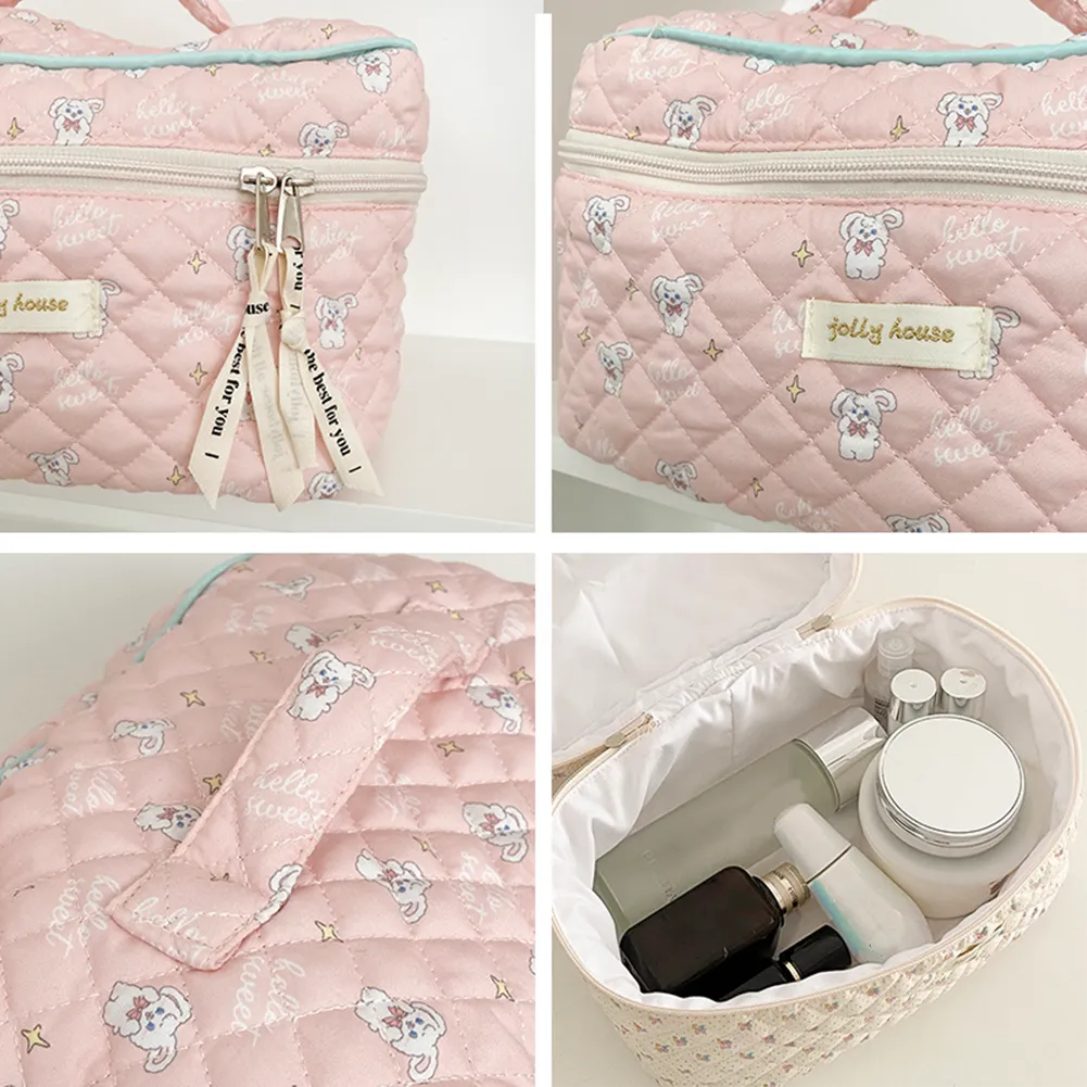 Trousse de toilette coréenne mignonne, portable, zippée, organiseur de voyage, trousse de maquillage matelassée, grande capacité, imprimé floral, pour femmes_voghion.com