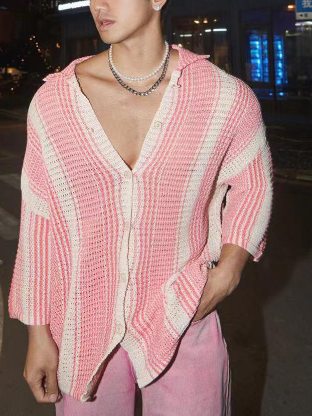Men's Striped Short Sleeved Casual Shirt Loose Summer Lapel Top_voghion.com