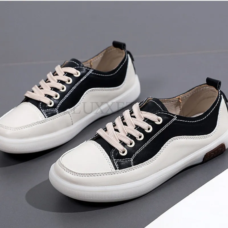 Genuine Leather Women Soft Sole Walking Shoes Girl Student Jooging Sneaker White Black Flats Female Casual Skate_ecoleips.com