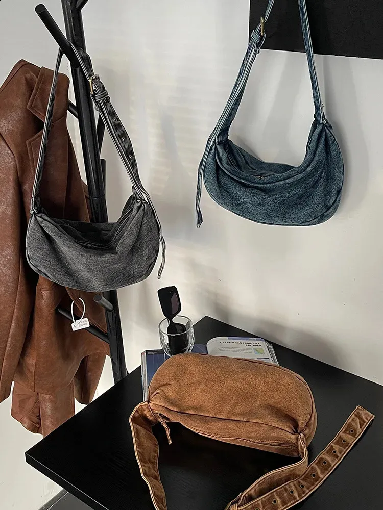Borse Hobos in denim per donna, borse e borsette in stile casual semplice, spallacci larghi, tracolla 240902_voghion.com