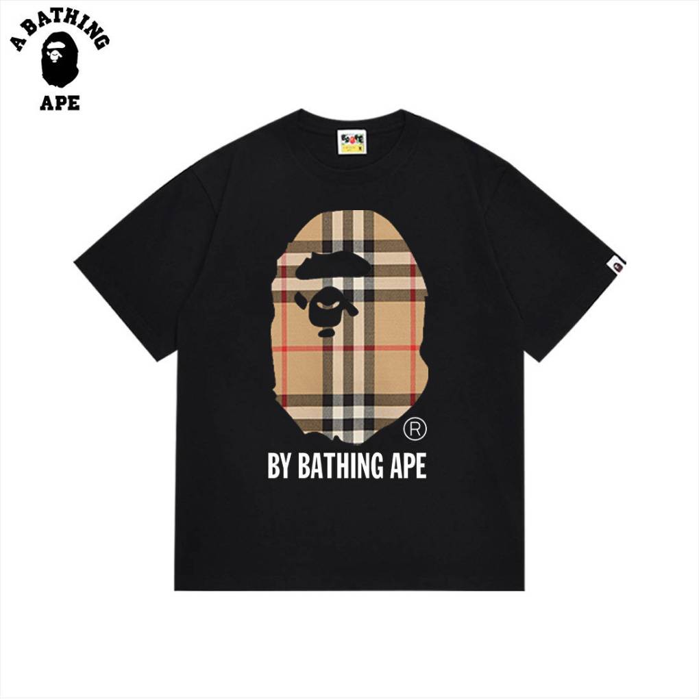 A BATHING APE BAPE&BB Checkered Striped Monkey Head Letter Print High-Quality Pure Cotton Short Sleeved Unisex