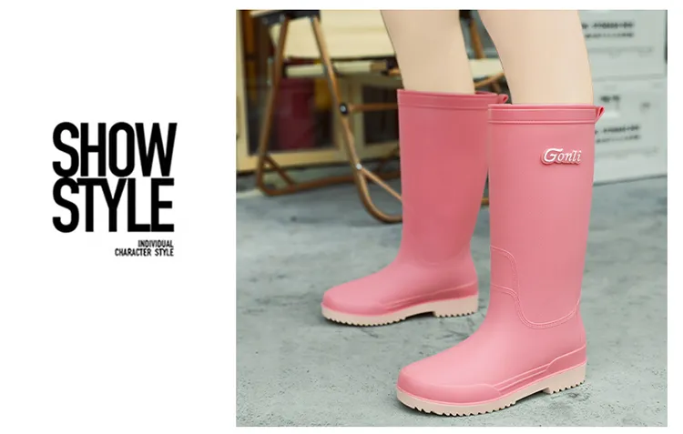 2025 Damen Lange Dicke Sohle Mode Gummistiefel Neue Waterproonti Slip High Tube Regenschuhe Reine Farbe Ruiba X560_voghion.com