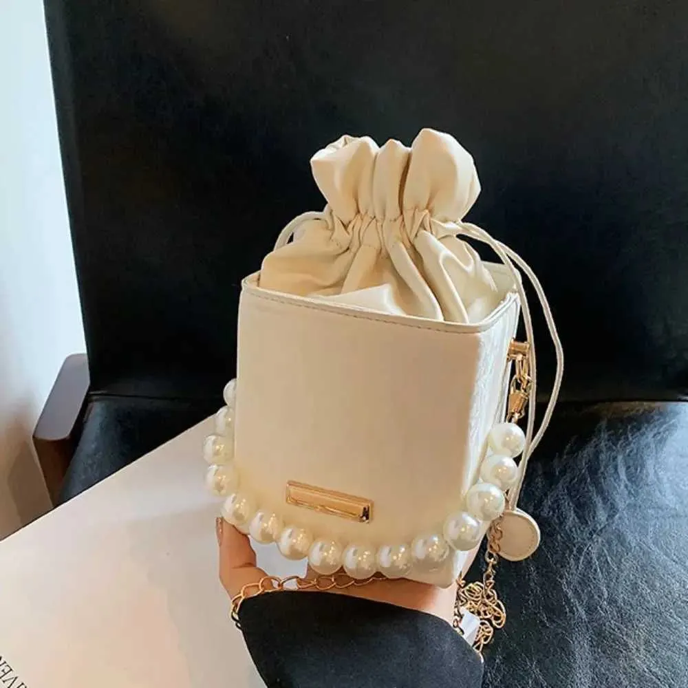 Borsa a tracolla con tracolla a catena quadrata in pelle PU da donna alla moda, con perle, stile vintage, con coulisse, LadyC241212_voghion.com