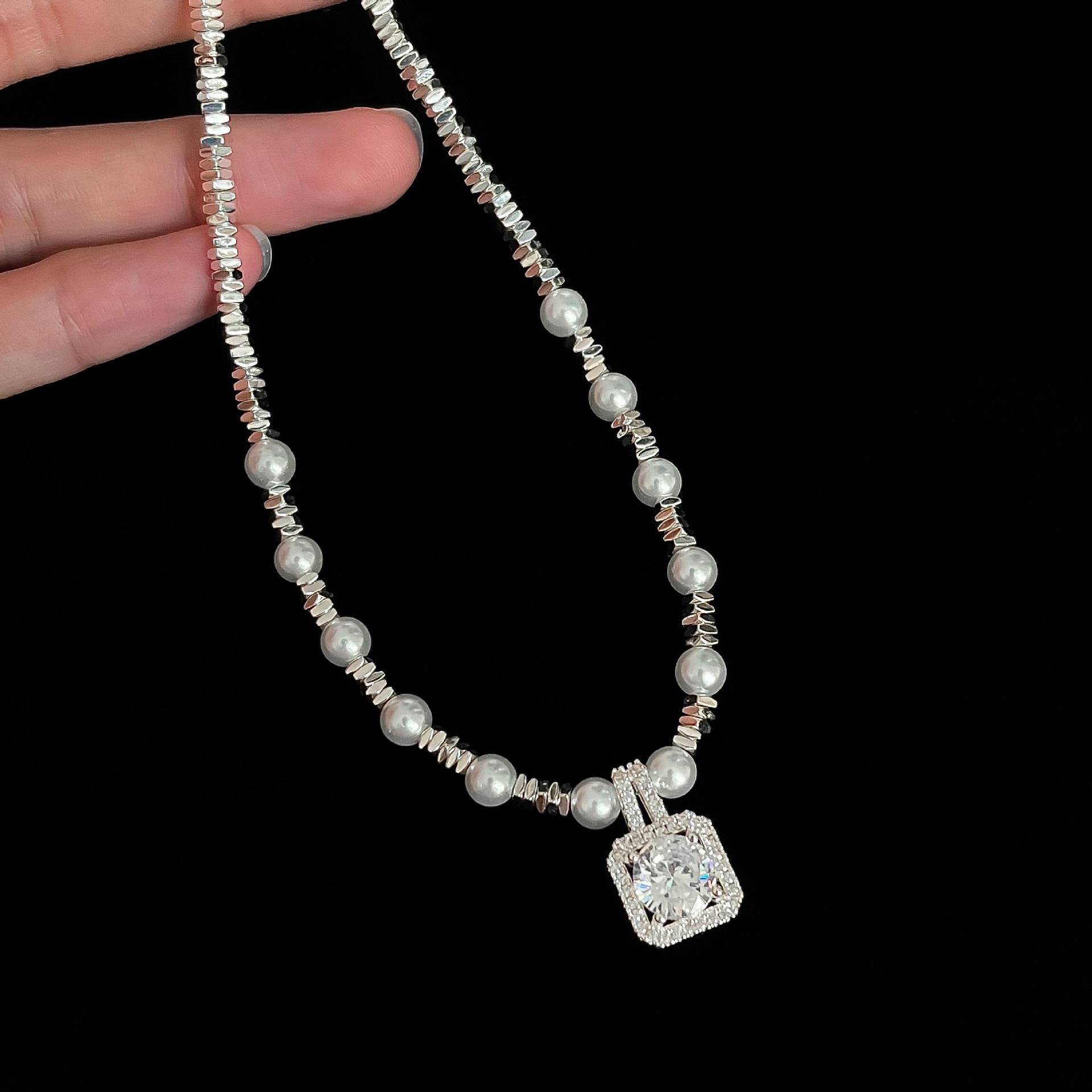 Sugar Cube Pearl Silver Pendant Necklace Elegant Clavicle Chain_voghion.com