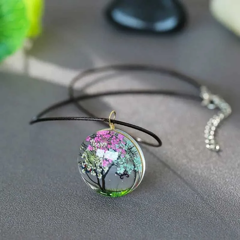 Collane con ciondolo Classico Esemplare Gemma del tempo Ciondolo in vetro Catena per maglione Fiore secco Pianta Vita Corteccia Collana di corda_voghion.com