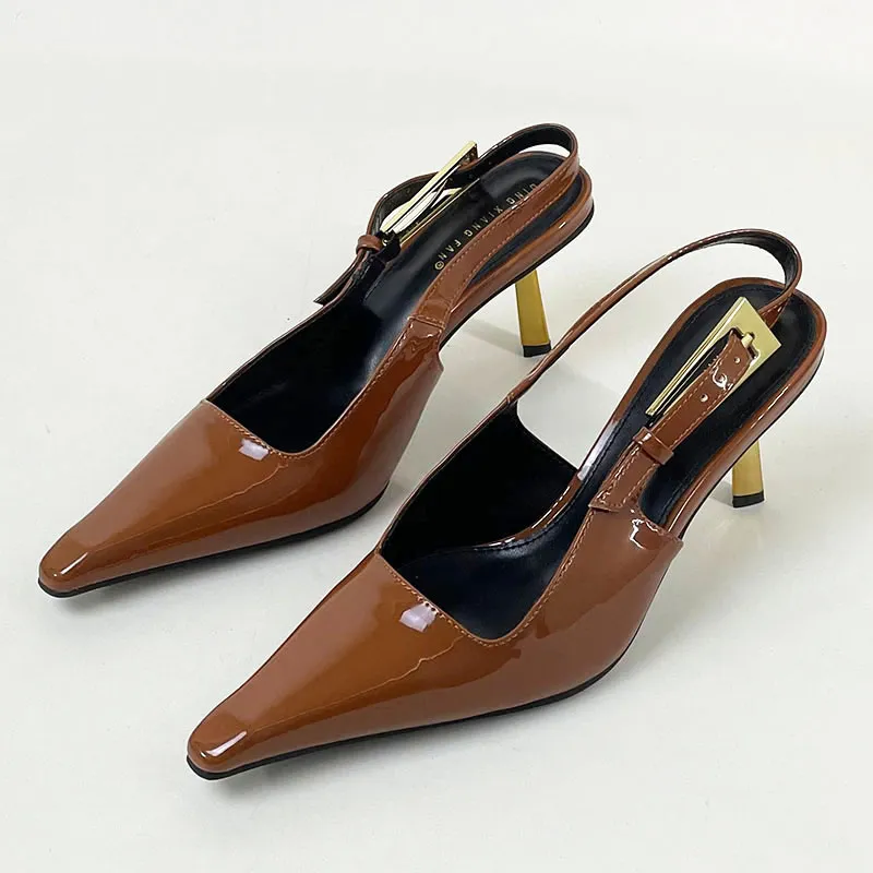 Sapatos de salto alto femininos com fivela de metal, bico fino, sandálias femininas, calçado marrom Ce88_voghion.com