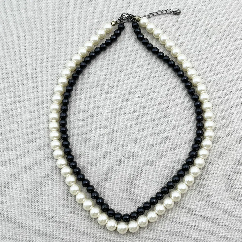 Ketten M158 Modeschmuck Schwarze Perlen Weiße Perle Doppelschichtige Halskette Frauen_voghion.com