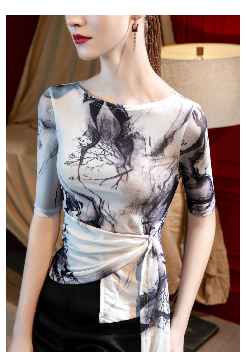 Abbigliamento da donna estate nuovo stile maglia stampata top irregolare elegante cinturino in vita bella piccola maglietta_voghion.com