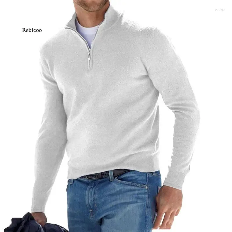 Maglioni da uomo, maglione in lana con cerniera a un quarto, manica lunga, caldo, tinta unita, per esterni, autunno e inverno_voghion.com