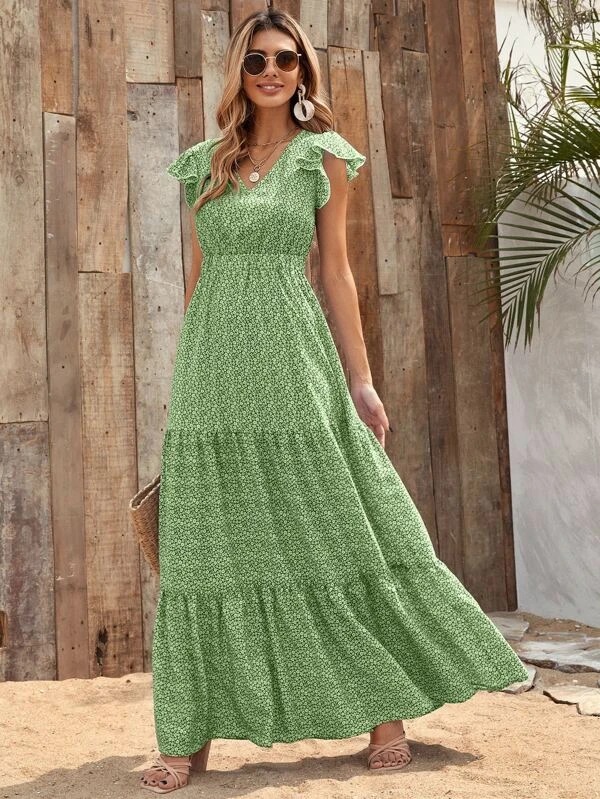 Abito lungo da donna con scollo a V, vita alta, stampa floreale, maniche corte e strati, modello hot 2024_voghion.com