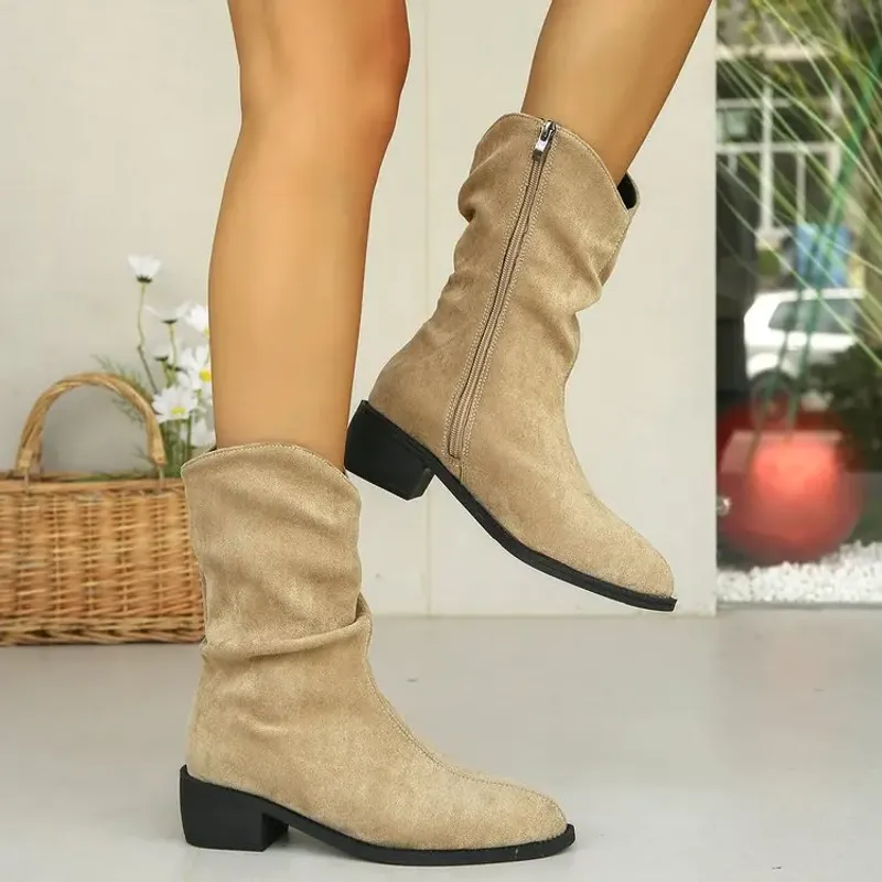 Retro Women Western Cowgirl Fashion Pointed Toe Shoes Autumn Winter Low Heel Ladies Knight Mid Calf Boots Botas De Mujer_voghion.com
