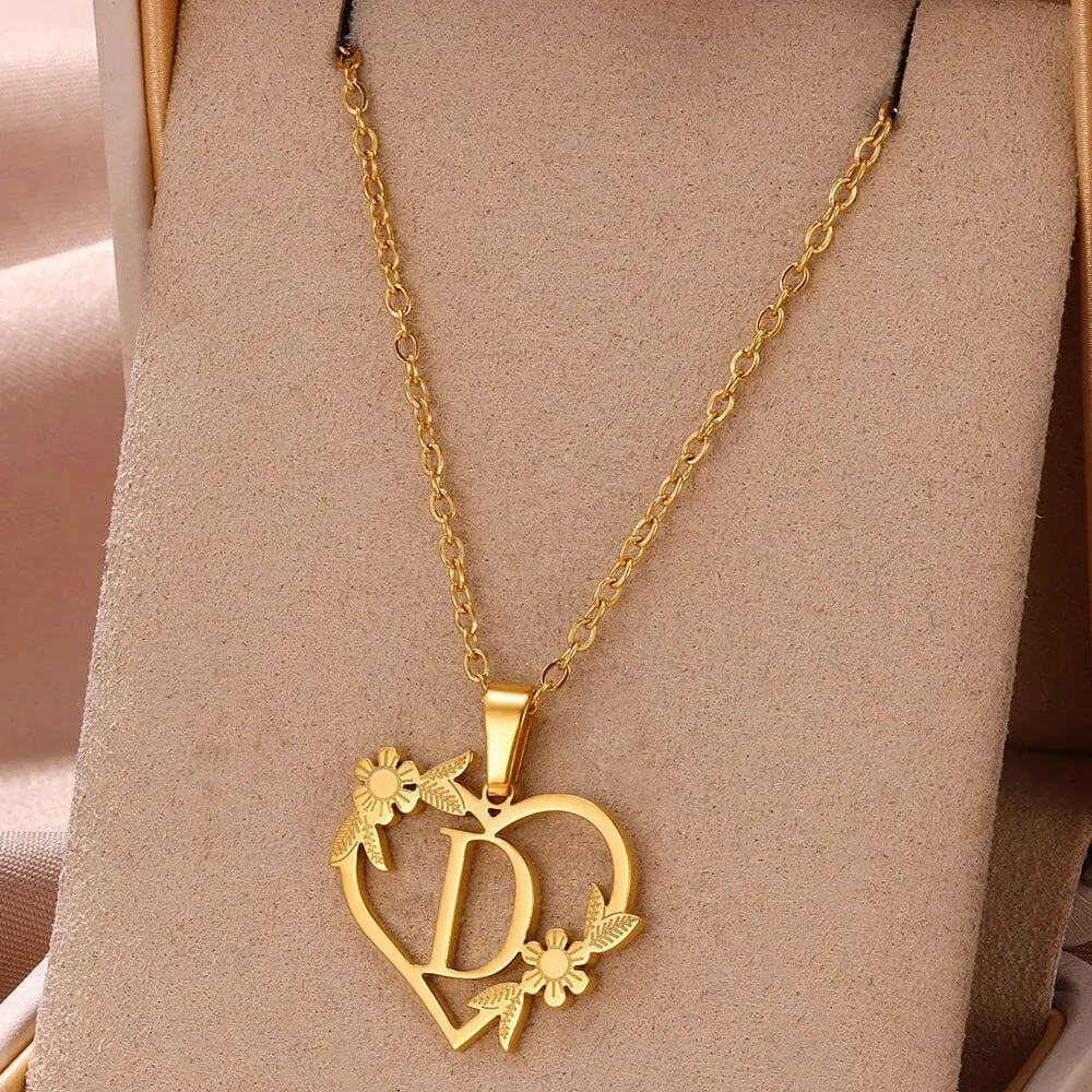 Collana con ciondolo a forma di cuore con lettere dalla A alla Z in acciaio inossidabile, placcata in oro vero, gioielli classici_voghion.com