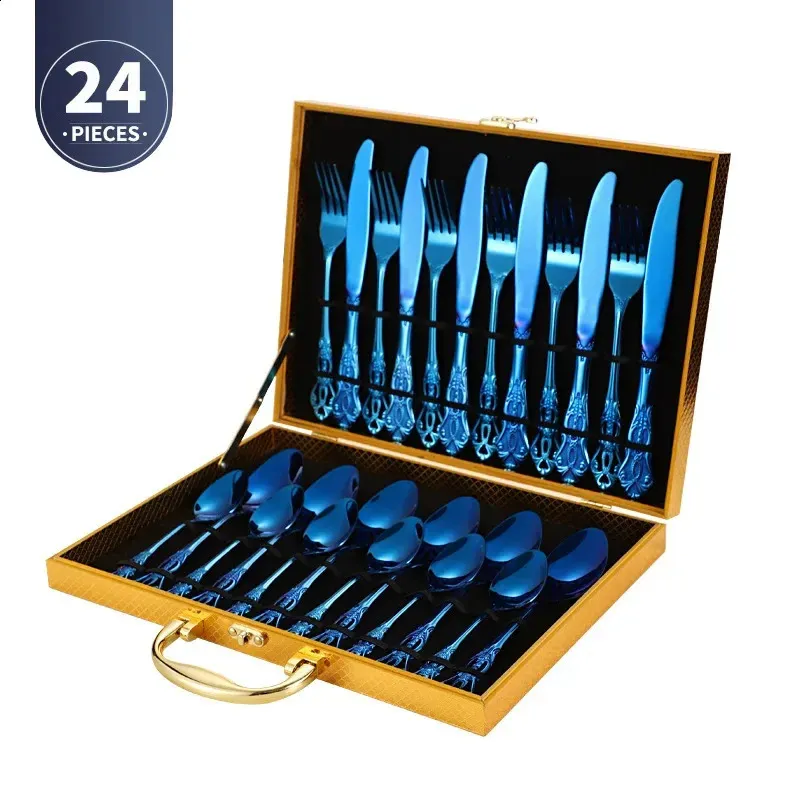 Conjunto de talheres de aço inoxidável dourado, colher, garfo e faca de bife europeus, retrô, oco, louça, talheres_voghion.com