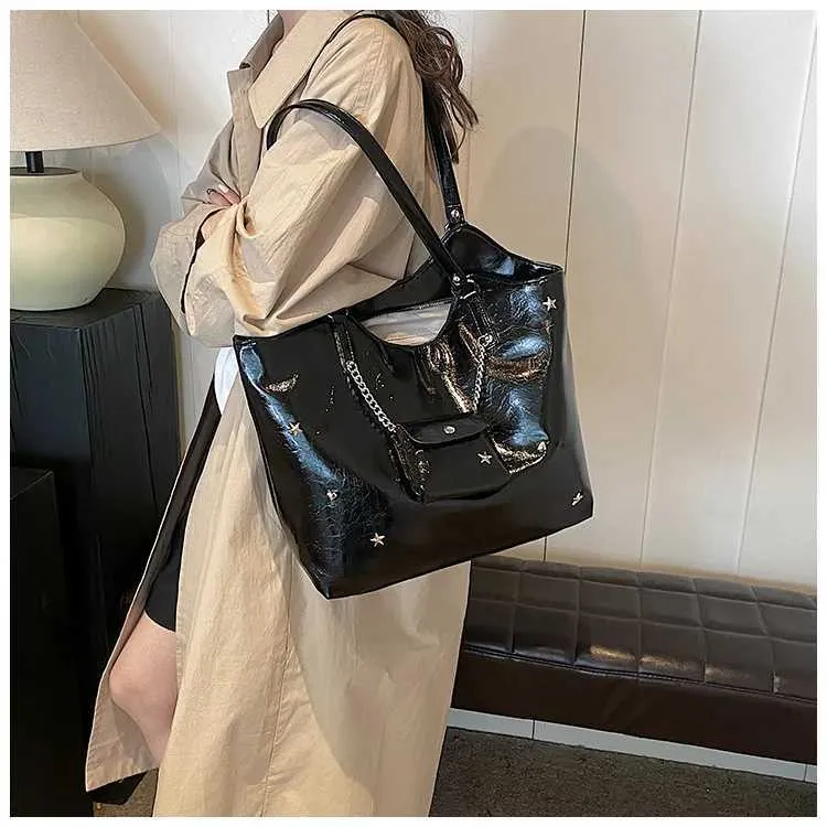 Sacs à bandoulière en cuir PU solide pour femmes, sacs de loisirs de grande capacité pour les déplacements féminins, sacs sous les bras avec étoiles et appliques, poignée_voghion.com