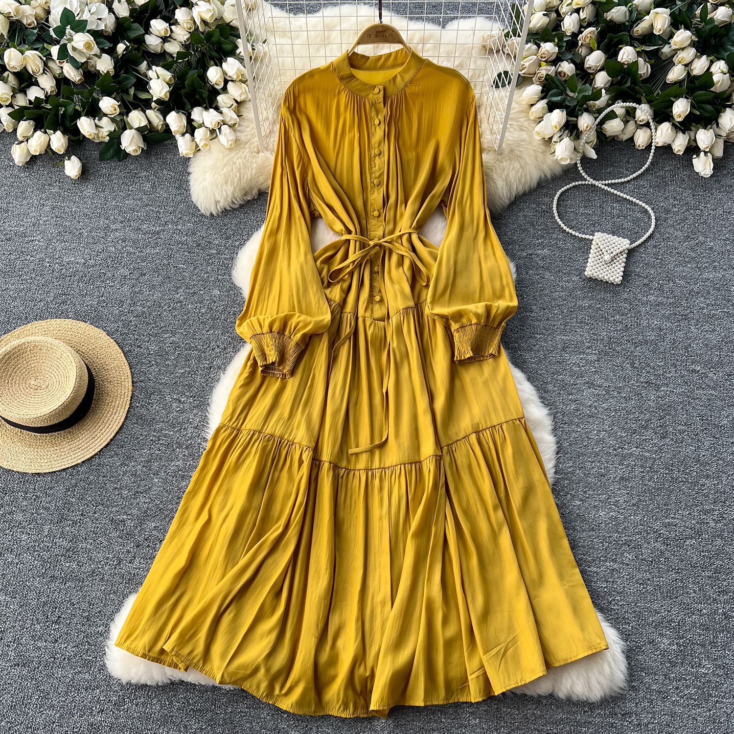 Elegant Dress Female Design Single Breasted Loose Waist Straps Slim Temperament Knee Length Skirt