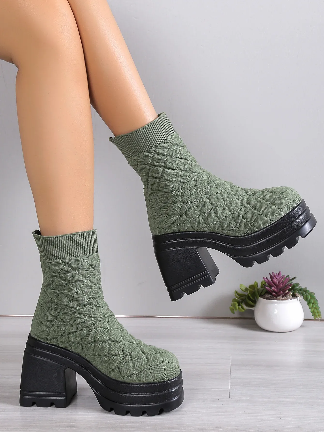 Frauen Stricken Chunky Winter Stretch Socken Stiefel Weibliche Herbst Mode Plattform Slip auf Square Heel Botas De Mujer_voghion.com
