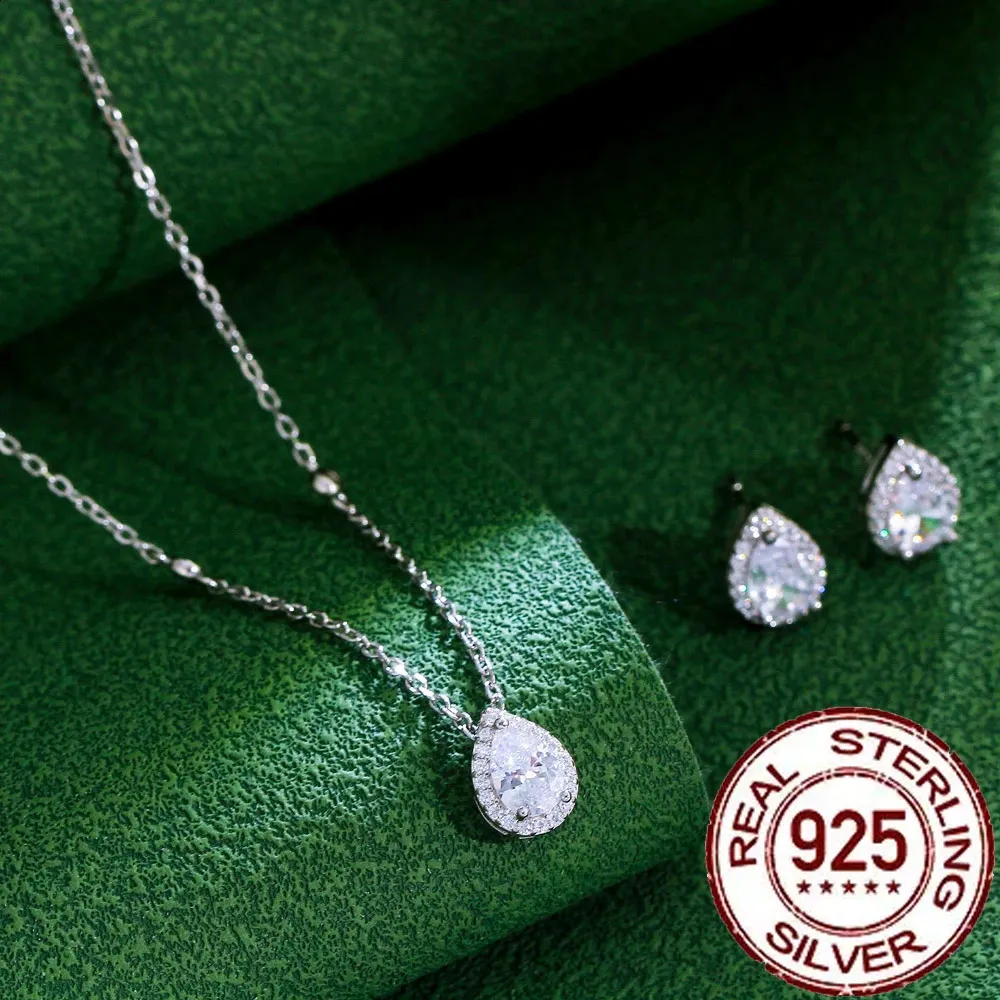 CWWZircons - Orecchini a bottone in argento sterling puro con taglio a pera e zirconi cubici, set di collane con ciondolo per donna, accessori di gioielleria raffinata, regalo_voghion.com