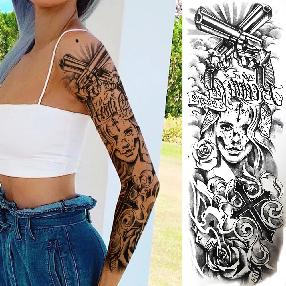 Autocol de tatuaje temporare complete sexy pentru braț pentru femei, bărbați, adulți, pistol, călugăriță, mâneci de tatuaj realiste, mari_voghion.com