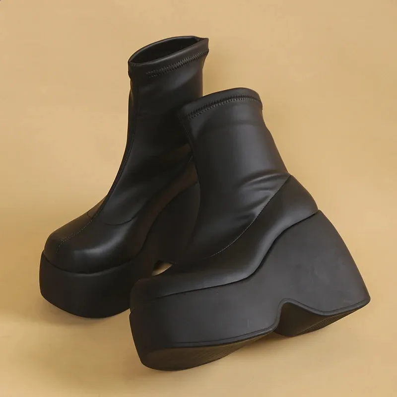 Gothic Womens Sexy Short and Fat Platform Soft Leather Ankle Boots Comfortable Walking Sock Sole Size 42 240911_voghion.com