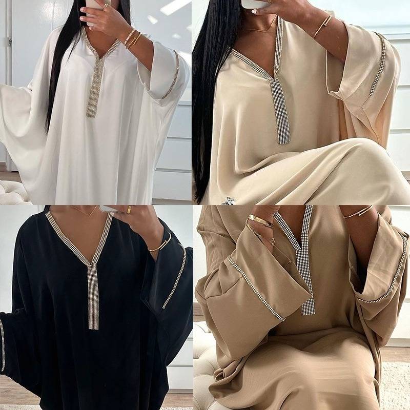 Vêtements pour femmes en métal clouté de diamants à la mode tout match robe manches chauve-souris haut de gamme robe du Moyen-Orient