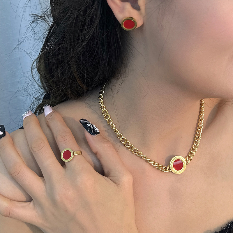 Gute Nuovo Set di Gioielli Geometrici Rotondi in Acciaio Inox con Catena Cubana, Collana, Bracciale, Orecchini e Anello per Donna_voghion.com