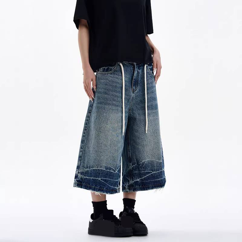 Pantalon Capri rétro délavé et usé pour homme, unisexe, cordon de serrage, coupe ample, respirant, décontracté, short tendance_voghion.com