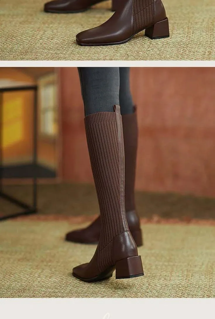 Knee Thick High Socks Winter Womens Long Boots Elegant Autumn Brown Wedge Elastic 241116_voghion.com